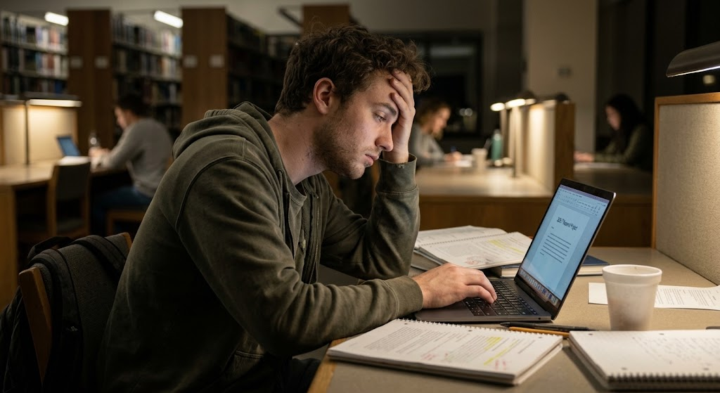 Researcher documenting work late in a library