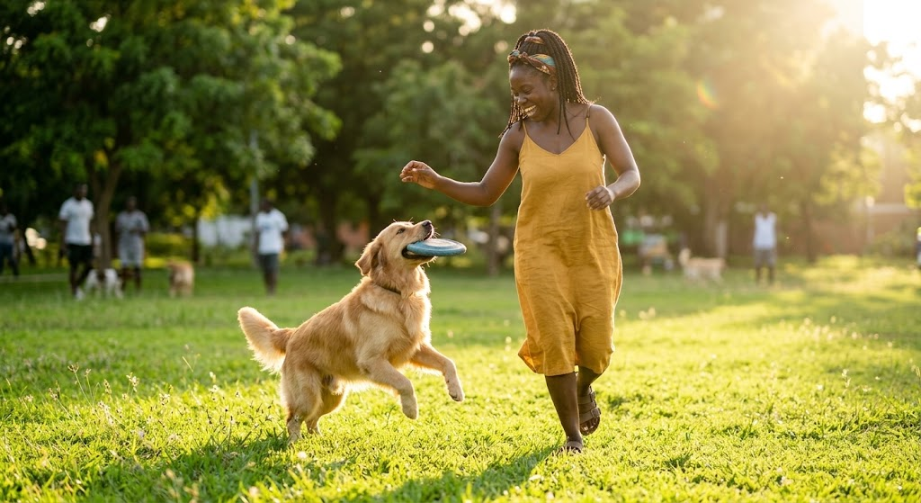 Person enjoying free time with their dog in a sunny park