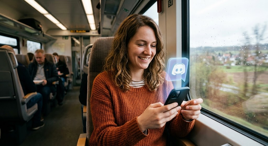 Person sharing research activity from a train using a phone