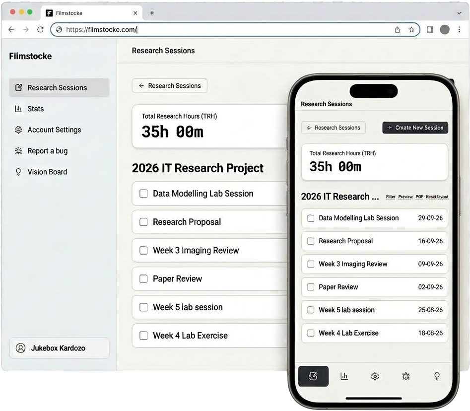 Filmstocke dashboard organizing research sessions and hours